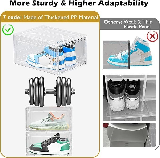 12 Pack Clear Shoe Storage Organizer with Magnetic Door,Stackable Plastic Shoe Boxes for Sneakers,Boots,and Heels,Space-Saving Foldable Shoe Rack for Closet,Durable Shoe Cabinet Organizer,White