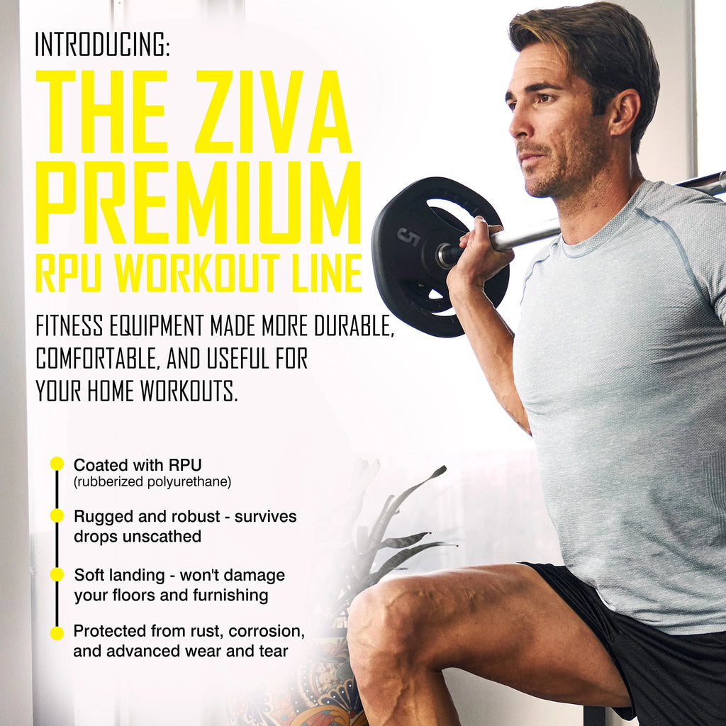 ZIVA RPU Studio Barbell Adjustable Weight Set - 6 High Grade RPU Coated Grip Plates (2 x 2.5lb, 2 x 5lb, 2 x 10lb) 1.18" D Steel Chrome Bar (55"L x 4.4lb) 2 x Spring Collars Ships in Two Parts