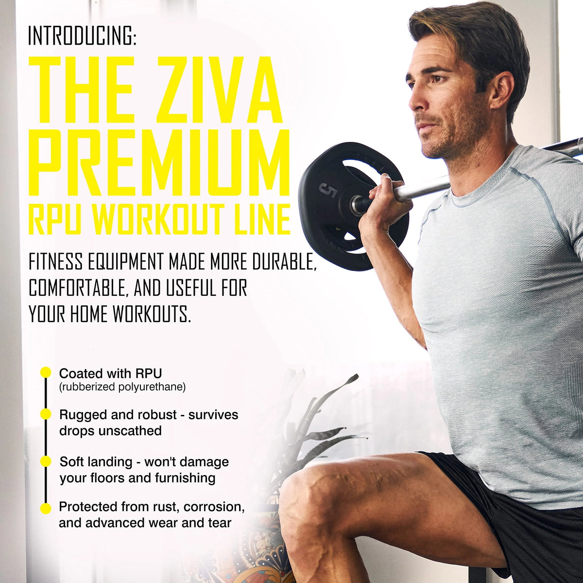 ZIVA RPU Studio Barbell Adjustable Weight Set - 6 High Grade RPU Coated Grip Plates (2 x 2.5lb, 2 x 5lb, 2 x 10lb) 1.18" D Steel Chrome Bar (55"L x 4.4lb) 2 x Spring Collars Ships in Two Parts