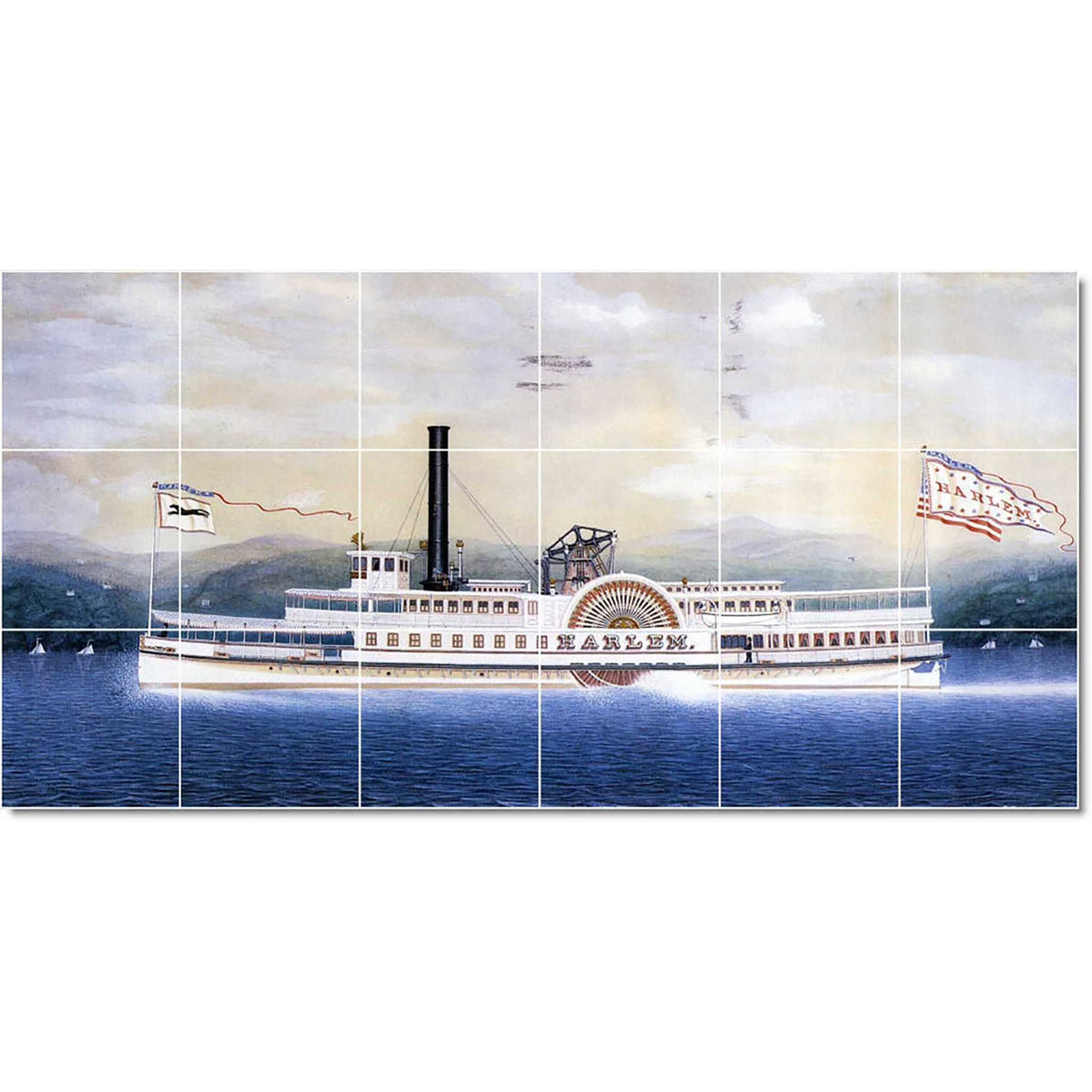 Mural en carreaux de céramique - Mural de navires de James Bard au design moderne. 64,77 cm L x 32,38 cm H composé de (18) carreaux de céramique de 10,79 x 10,79 cm
