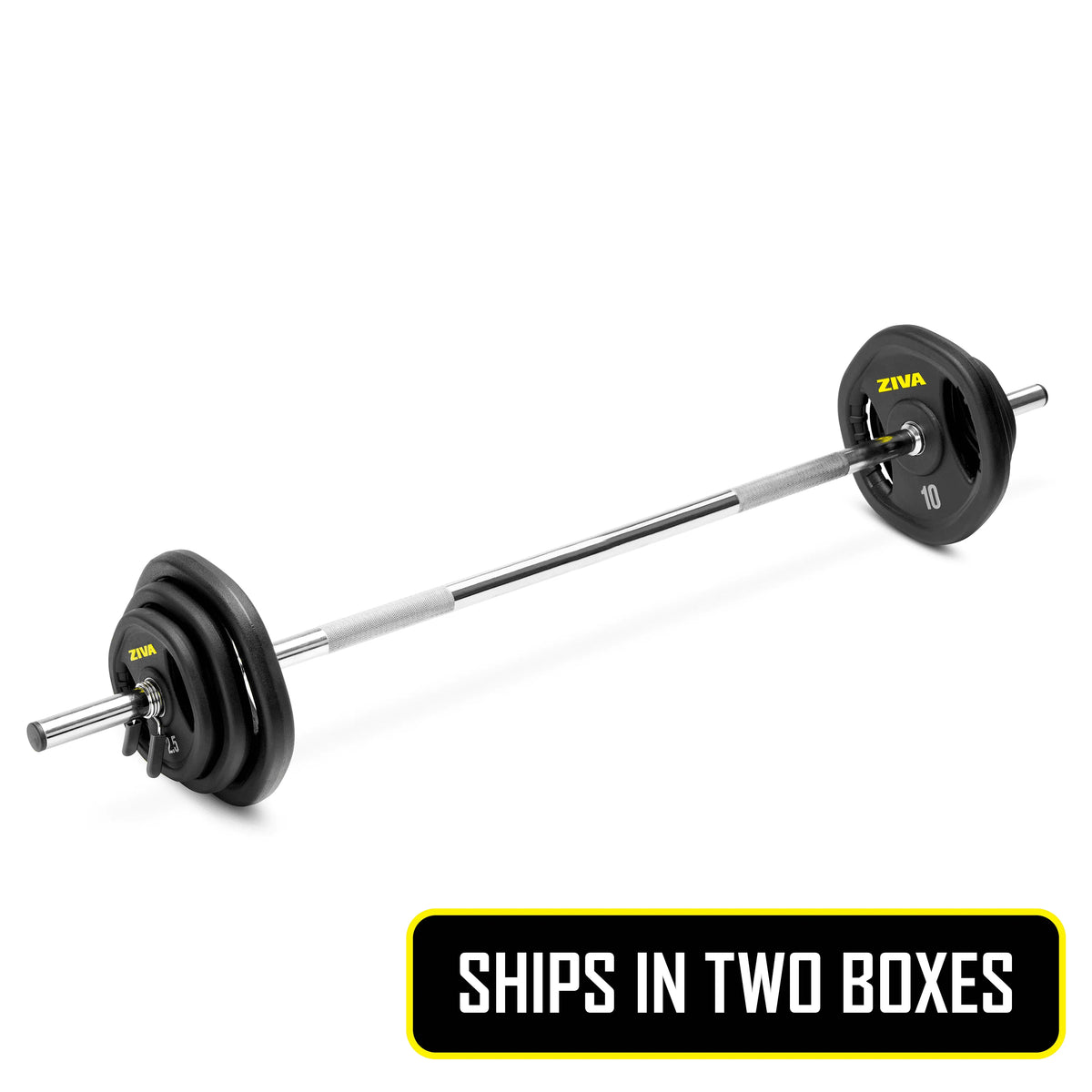ZIVA RPU Studio Barbell Adjustable Weight Set - 6 High Grade RPU Coated Grip Plates (2 x 2.5lb, 2 x 5lb, 2 x 10lb) 1.18" D Steel Chrome Bar (55"L x 4.4lb) 2 x Spring Collars Ships in Two Parts