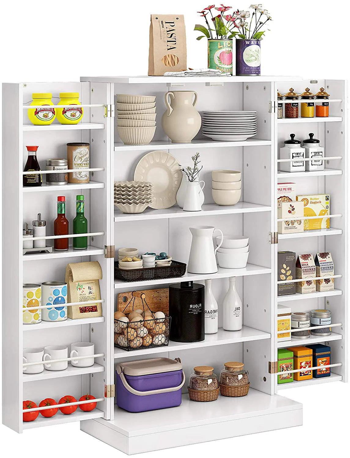 HOMEFORT 41" Kitchen Pantry, Farmhouse Pantry Cabinet, Storage Cabinet with Doors and Adjustable Shelves 41" H x 23.2" W x 12" D (White)