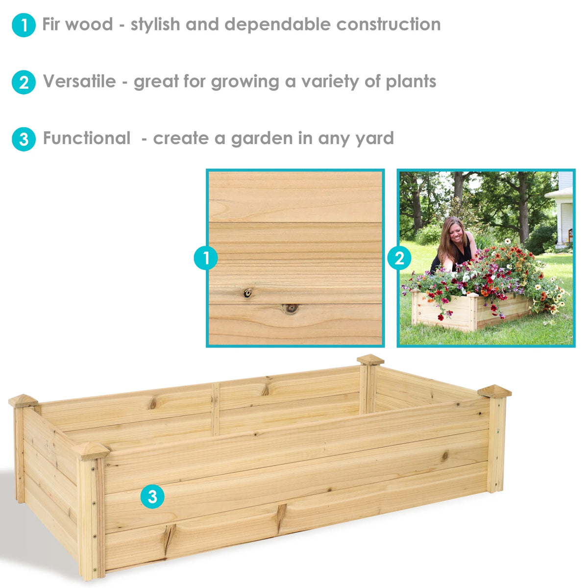 Jardinière surélevée rectangulaire d'extérieur en bois naturel Sunnydaze 24" x 48,25" x 12,25"