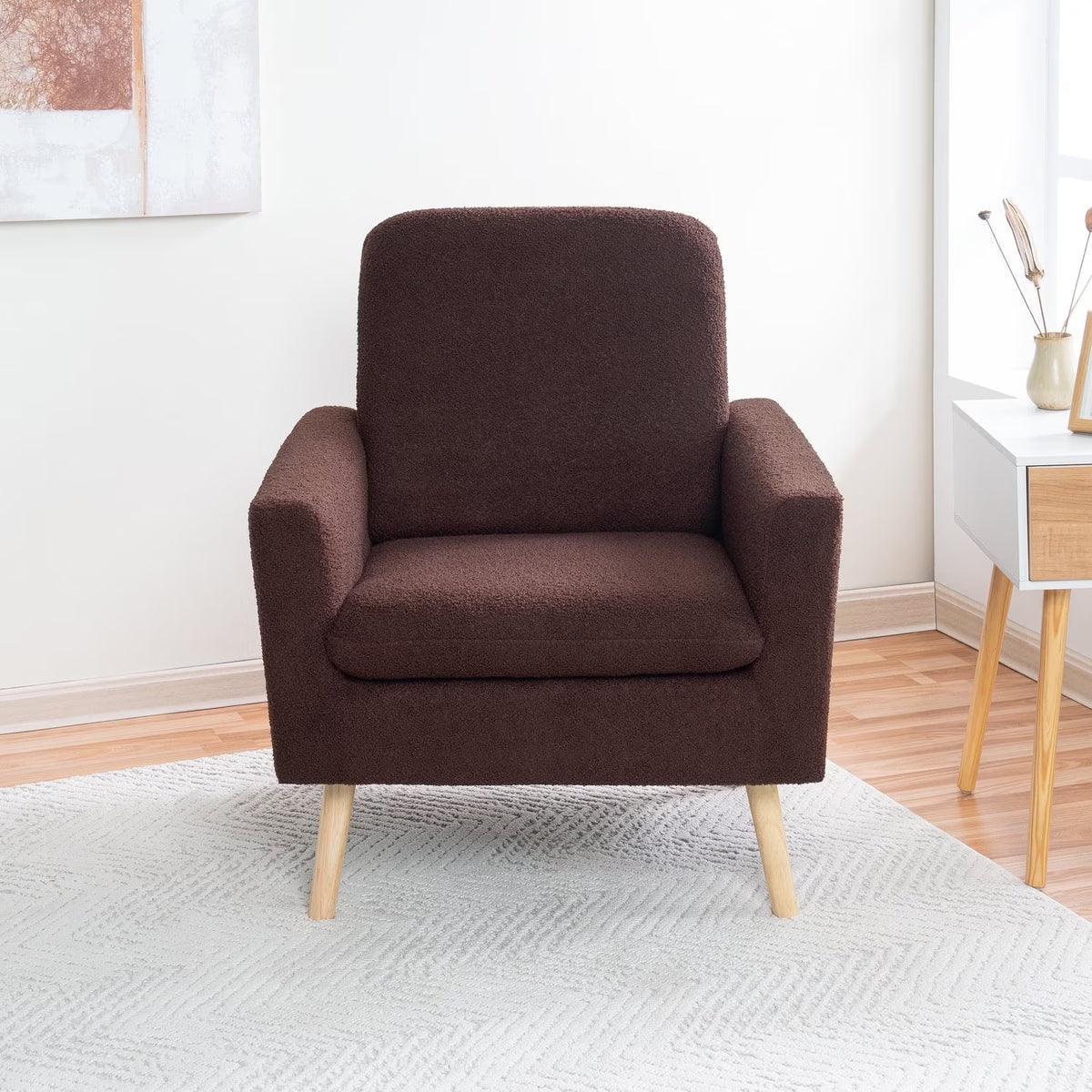 Naomi Home Frida Mid-Century Modern Accent Chair, Espresso Teddy Fleece Upholstered Armchair with Oak Legs, 28.74"D x 30.31"W x 35.04"H