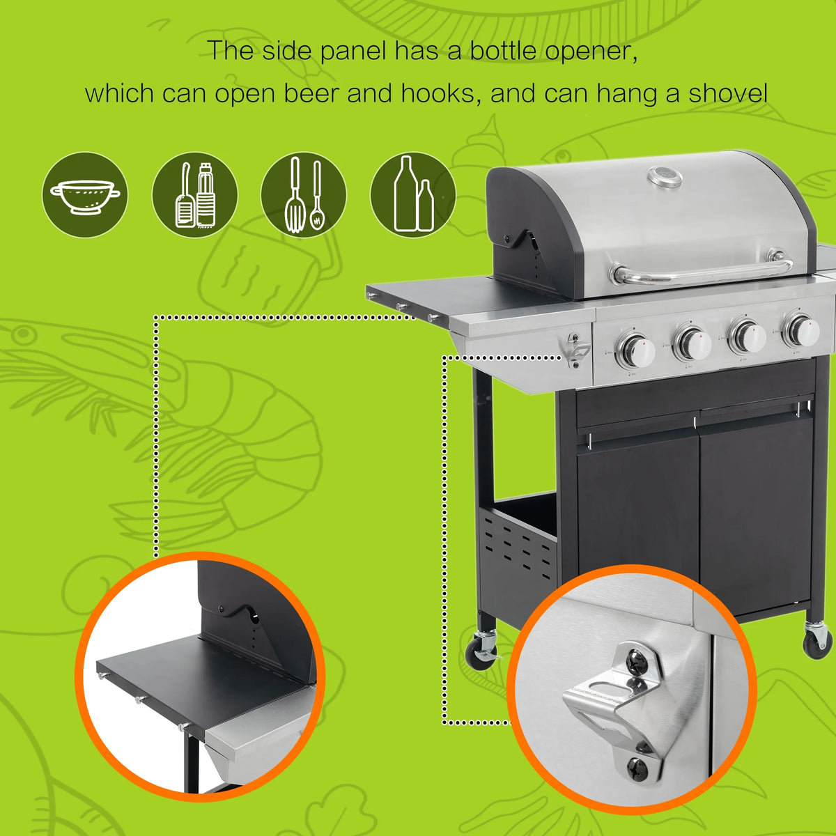 Witaxima 4-Burner Propane Gas Grill with Side Burner, 46,500 BTU Stainless Steel Outdoor BBQ Grill, Black and Silver, 47.2" x 17.9" x 45.28"
