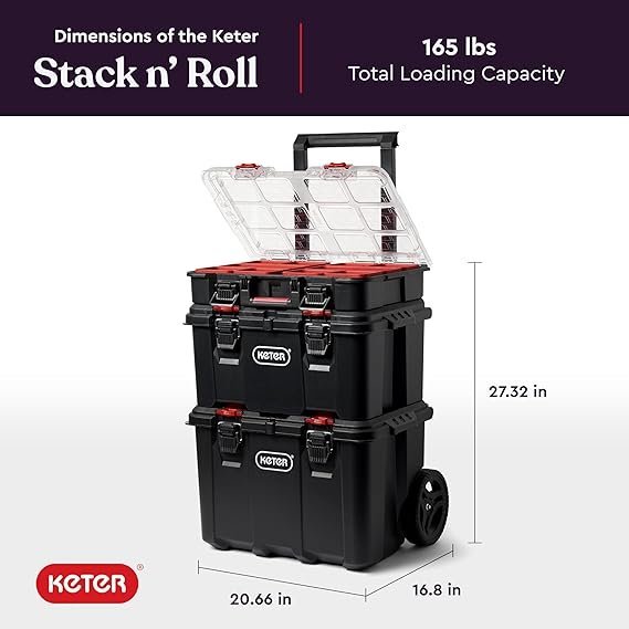 Keter Stack-n-Roll Modular Tools Organizer for Garage Storage and DIY, 3 Piece Resin Rolling Tool Box System for Small Parts, Black