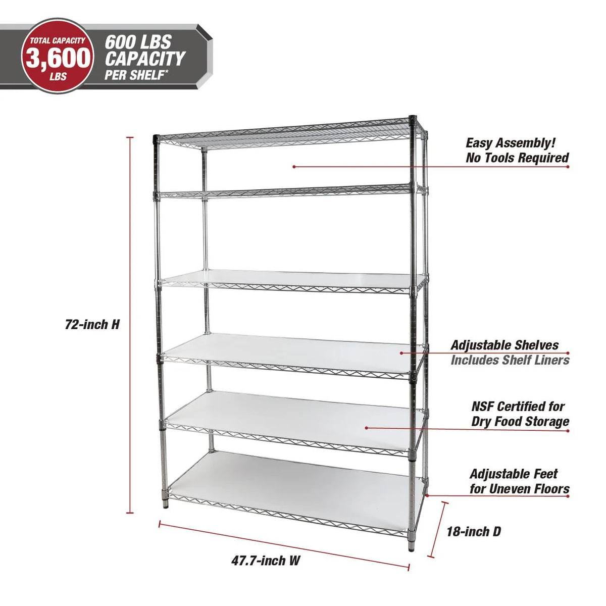 Hyper Tough 6-Tier Wire Storage Shelves with Liners, 48" W x 18" D x 72" H, 3600 lb Load Capacity, Chrome