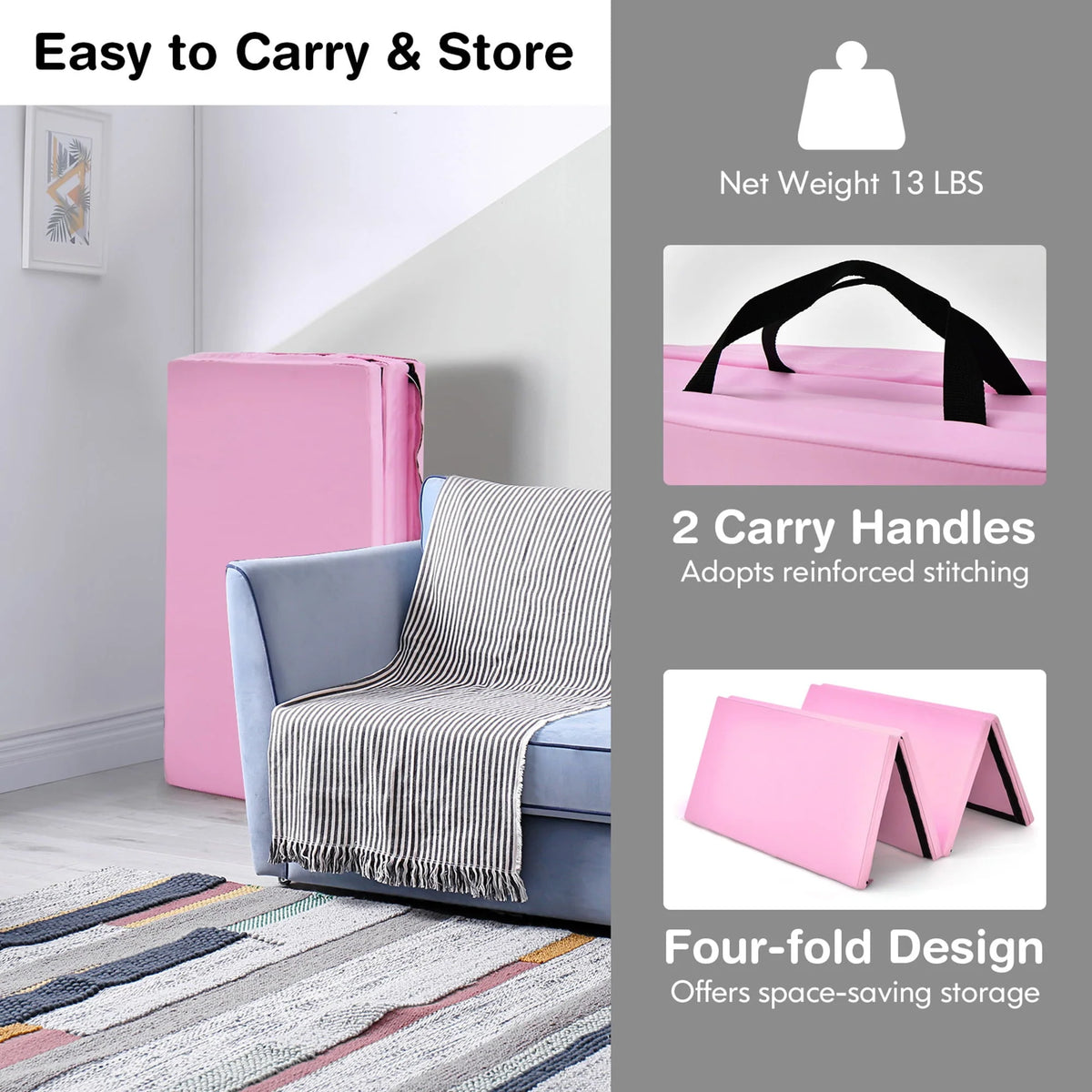 Gymax 8' x 4' x 2'' Folding Gymnastics Tumbling Mat Thickened Exercise Mat Pink