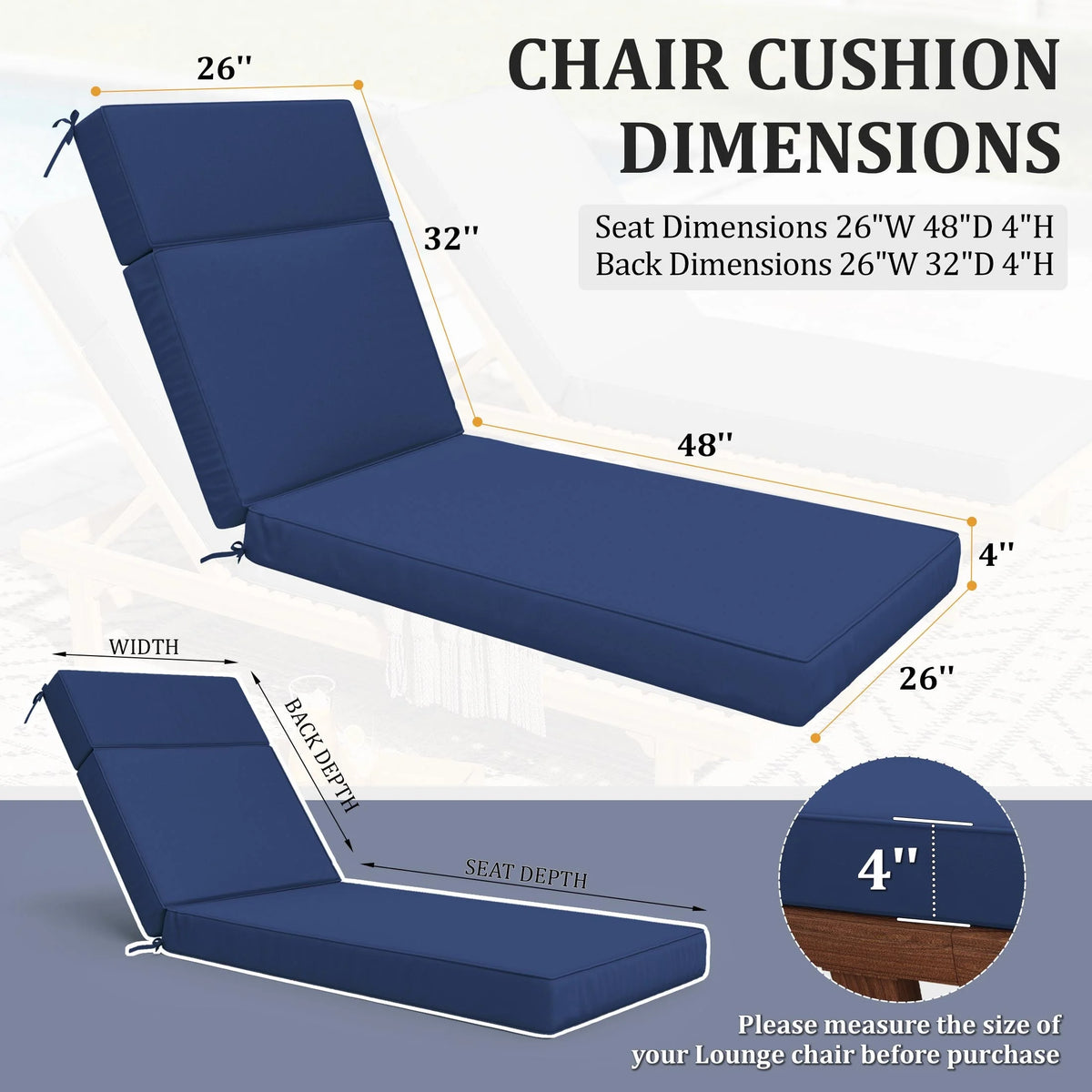 Kimunuk Outdoor Chaise Lounge Cushions set of 2, 80" x 26" x 4" Waterproof Pool Beach Recliner Replacement Cushions with Ties, Navy