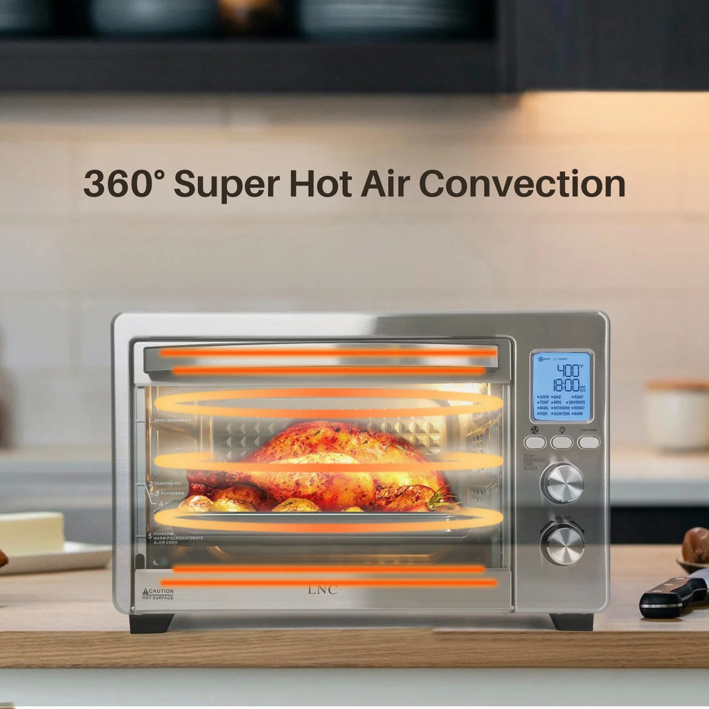 LNC 12-In-1 Large 34QT Countertop Toaster Oven Convection Rotisserie Air Fryer - 19.5" L x 15" W x 12.5" H Silver