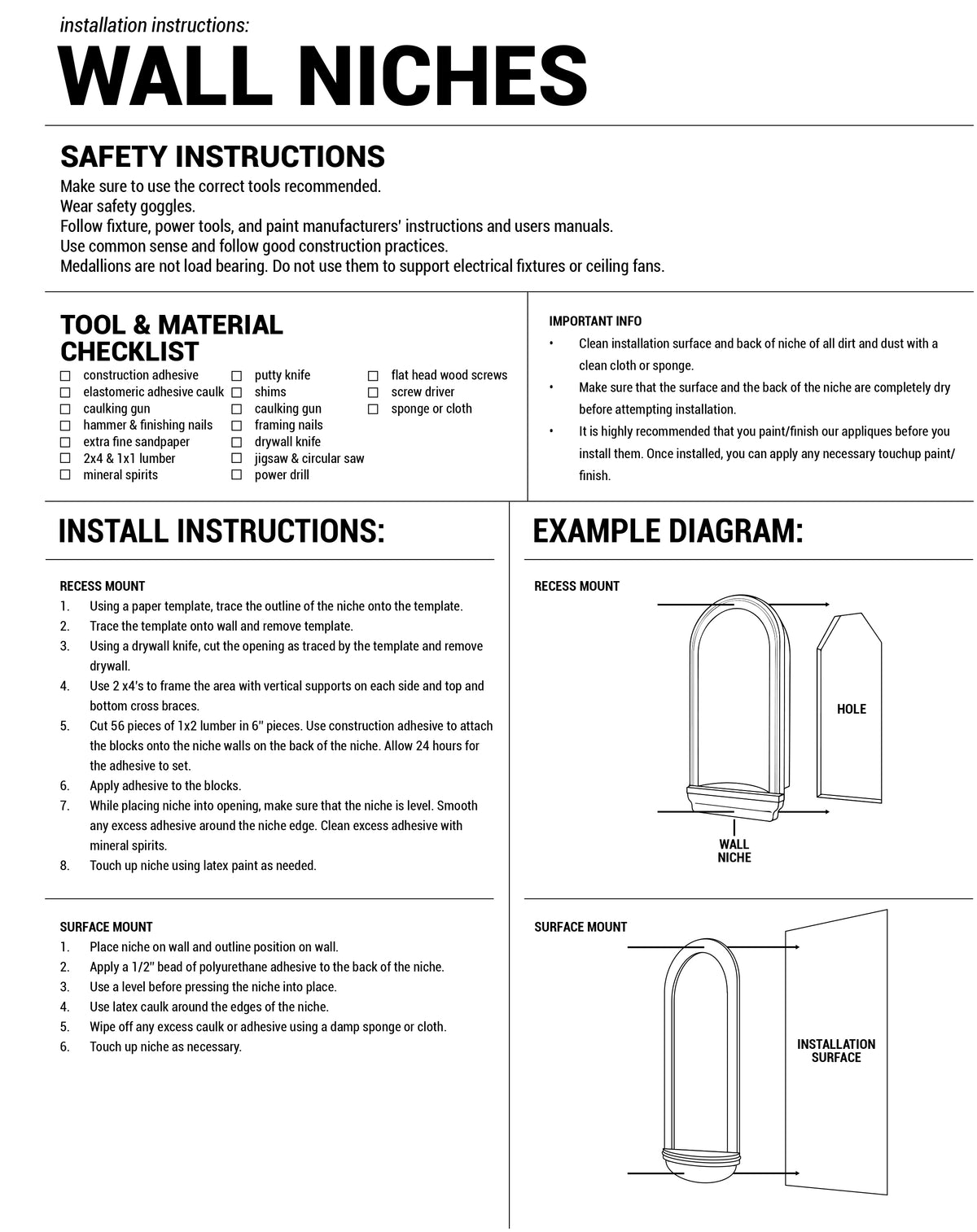 Niche lisse Ekena Millwork, 15 1/2 po L x 31 1/2 po H x 7 3/8 po P, montage en surface