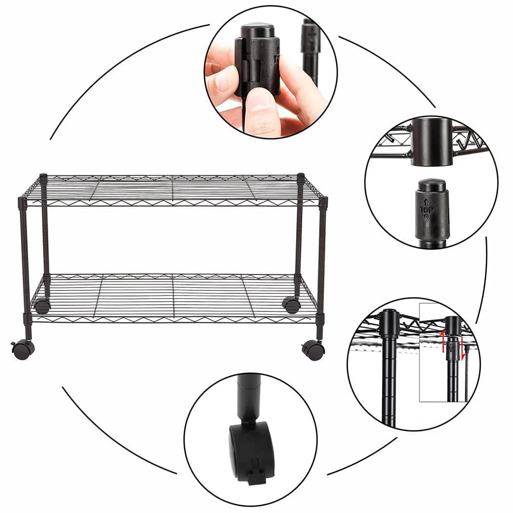 Zimtown 2-Tier Adjustable Rolling Cart, 35"W x 17.7"D x 19"H Garage Shelving Unit Storage Rack, Black
