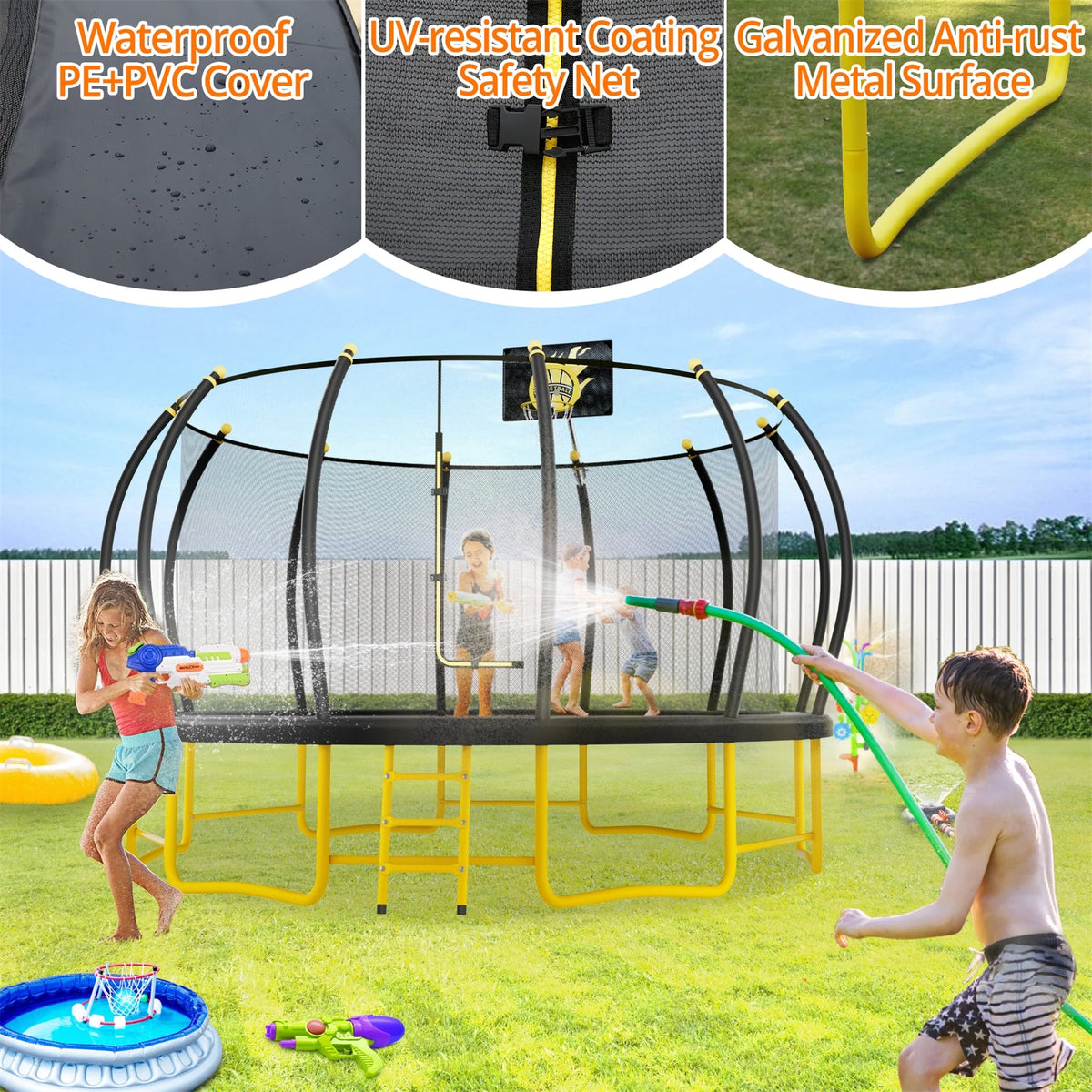 Triple Tree Trampoline with Enclosure, Black/Yellow, 63.78"x 17.72" x 8.66"
