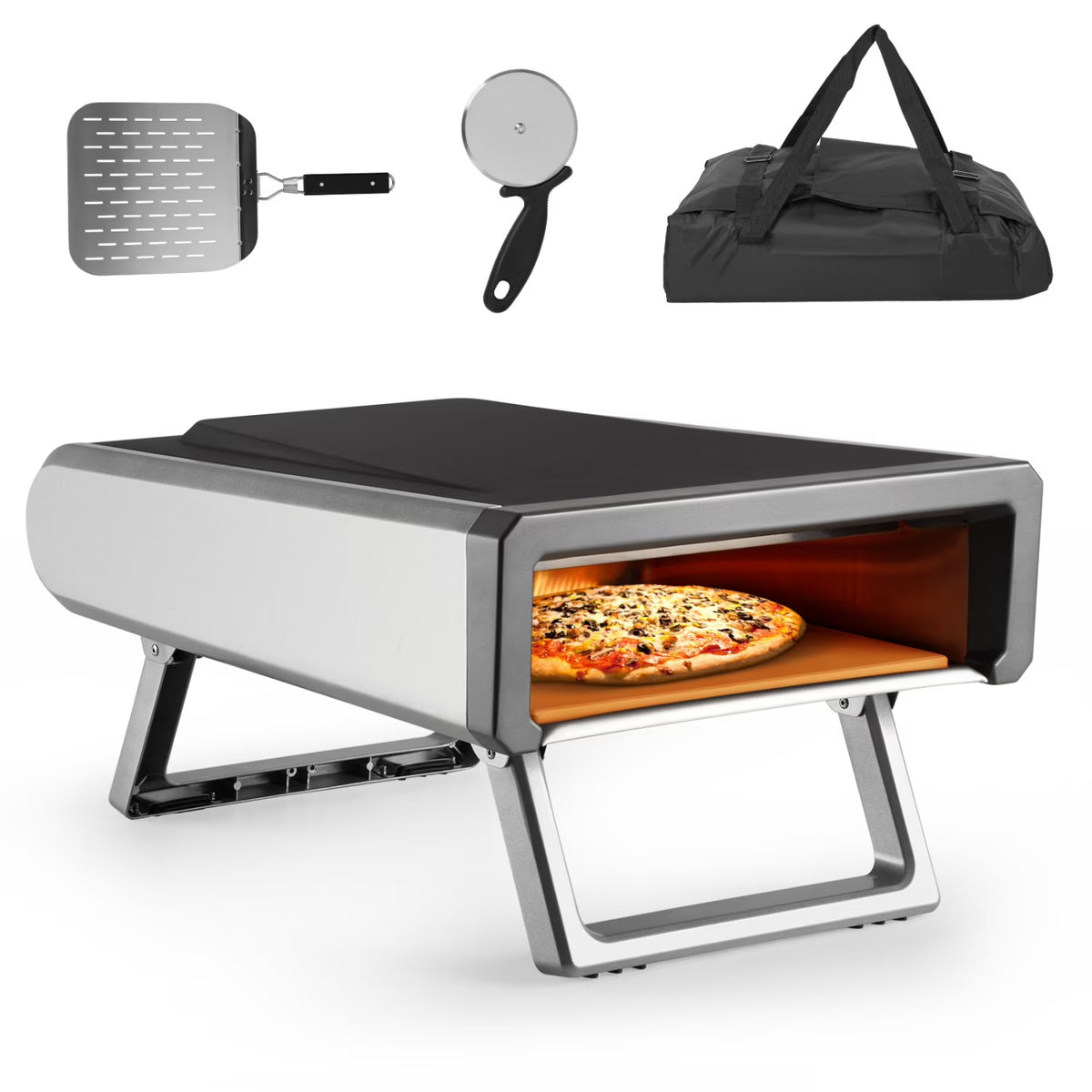 Four à pizza extérieur au propane Wildbreak, 57,9 x 41,9 x 18 cm, avec kit d'accessoires, argent et noir
