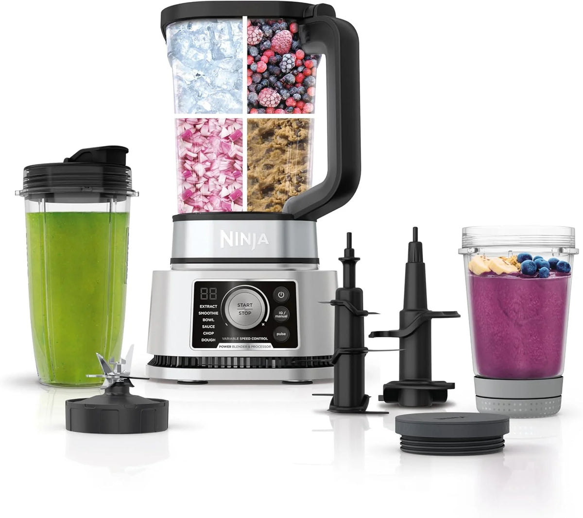 Ninja Blender, Compact Kitchen System, 1200W, 3 Functions for Smoothies, Dough & Frozen Drinks with Auto-IQ, 72-oz.* Blender Pitcher, 40-oz. Processor Bowl & 18-oz. Single-Serve Cup, Grey, AMZ493BRN