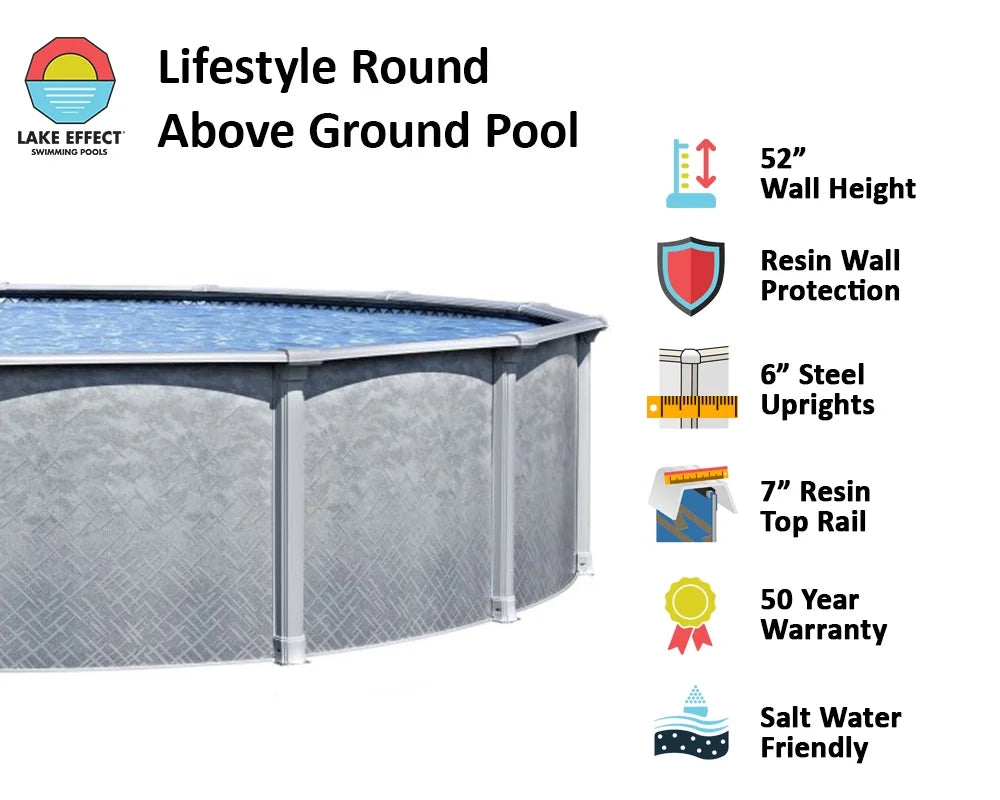Lake Effect Pools 15' x 30' x 52" Height Oval Lifestyle Above Ground Swimming Pool with 25 Gauge Solid Blue Liner