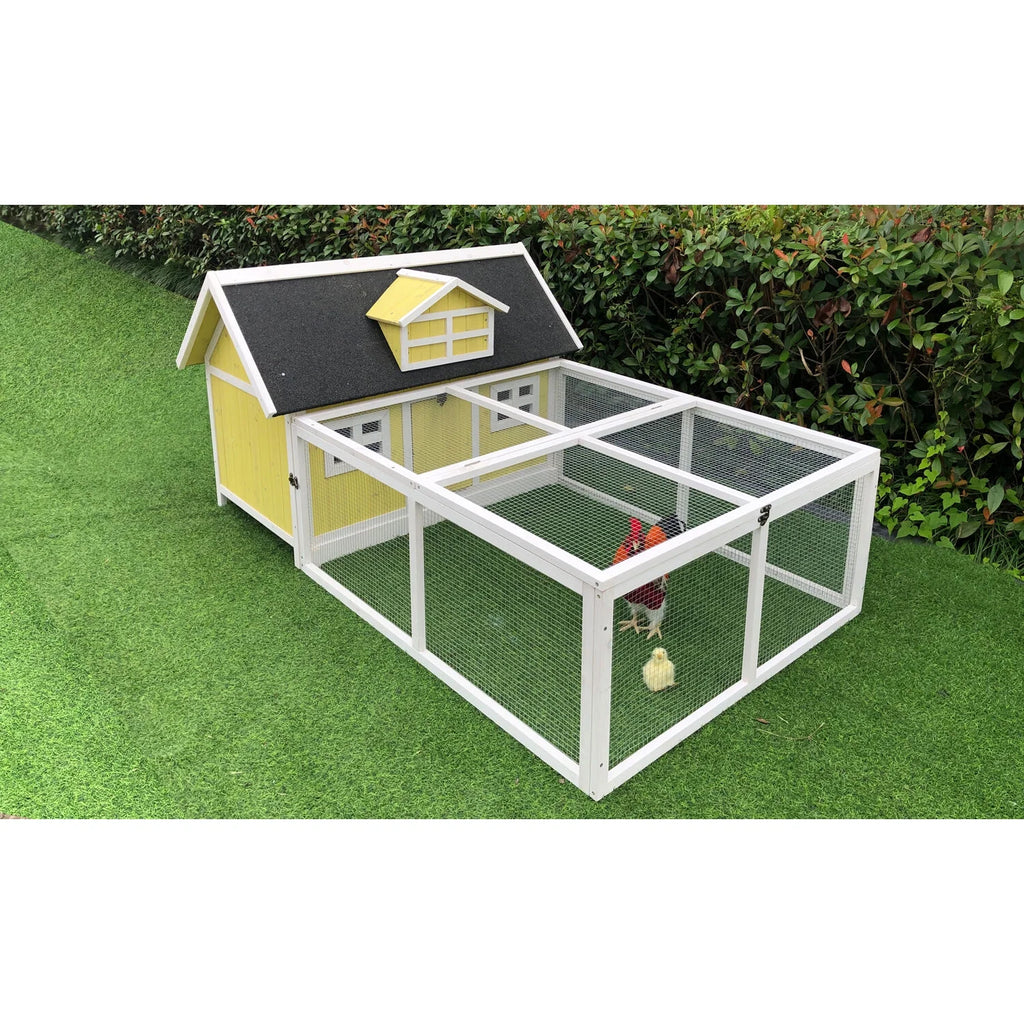 Hanover Outdoor Wooden Chicken Coop with Ramp, Large Wire Mesh Run, Waterproof Roof, Removable Tray 2.8 Ft. x 5.9 Ft. x 3.8 Ft.