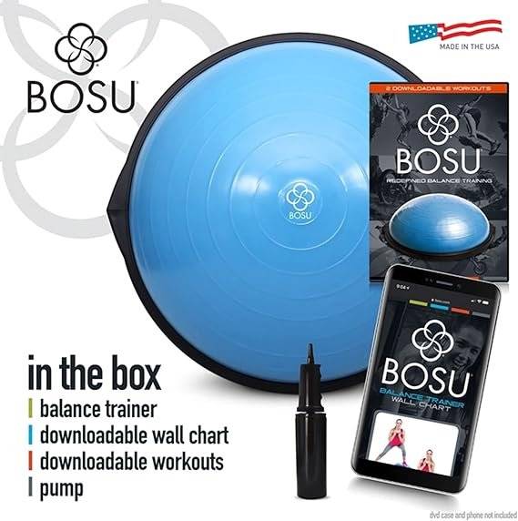 Bosu Balance Ball Exercise Trainer, Home Gym Equipment w/Guided Workouts & Pump, 26″ Inflatable Fitness Platform for Strength Training, Standing, Balancing, and Core Workout