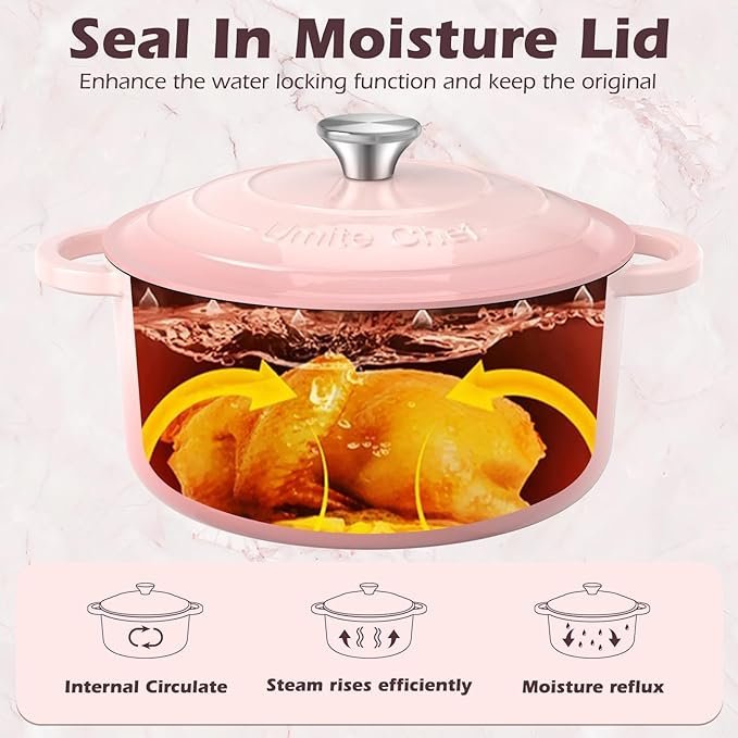 Umite Chef 5QT Enameled Cast Iron Dutch Oven Pot with Lid, Heavy-Duty Cookware for Bread Baking, Braising, Stews, Roasting, Wedding Registry Ideas & Gifts (Pink)