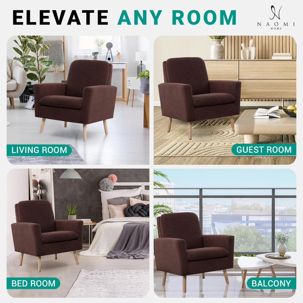 Naomi Home Frida Mid-Century Modern Accent Chair, Espresso Teddy Fleece Upholstered Armchair with Oak Legs, 28.74"D x 30.31"W x 35.04"H
