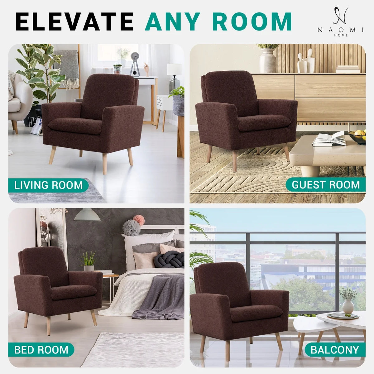 Naomi Home Frida Mid-Century Modern Accent Chair, Espresso Teddy Fleece Upholstered Armchair with Oak Legs, 28.74"D x 30.31"W x 35.04"H