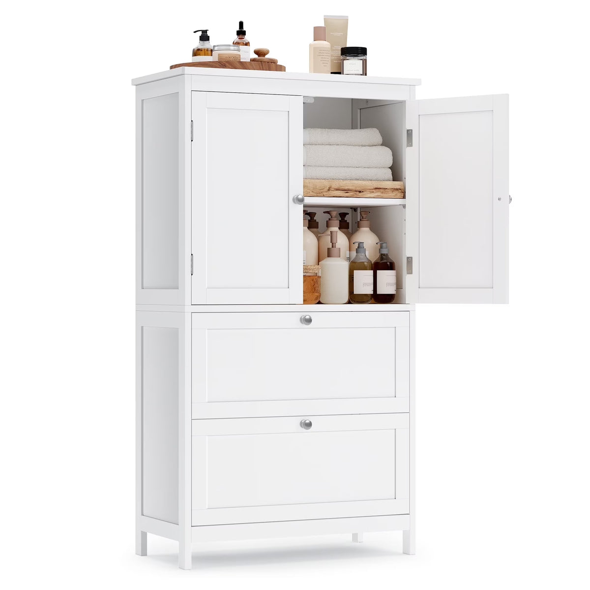 Meuble de rangement sur pied, unité de rangement, armoire indépendante avec 2 tiroirs et 2 portes, étagère réglable, 30 x 60 x 110 cm, blanc