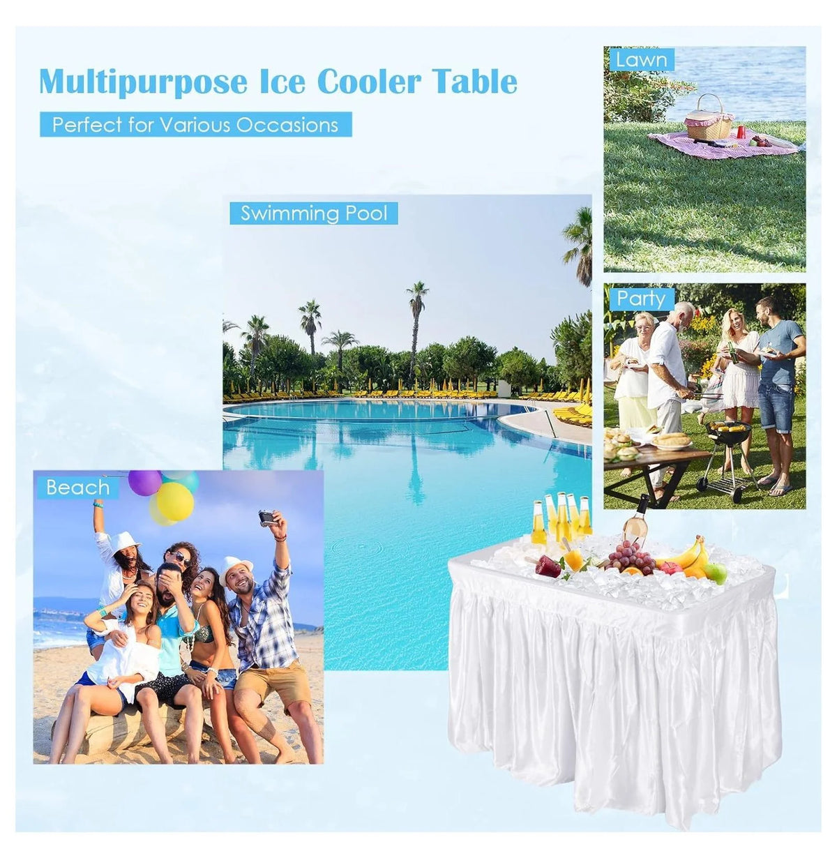 Table glacière pliante – Glacière à boissons portable, buffet avec jupe et système de drainage – Fête, pique-nique, barbecue, camping – Blanc 61 cm x 120,6 cm x 82,5 cm
