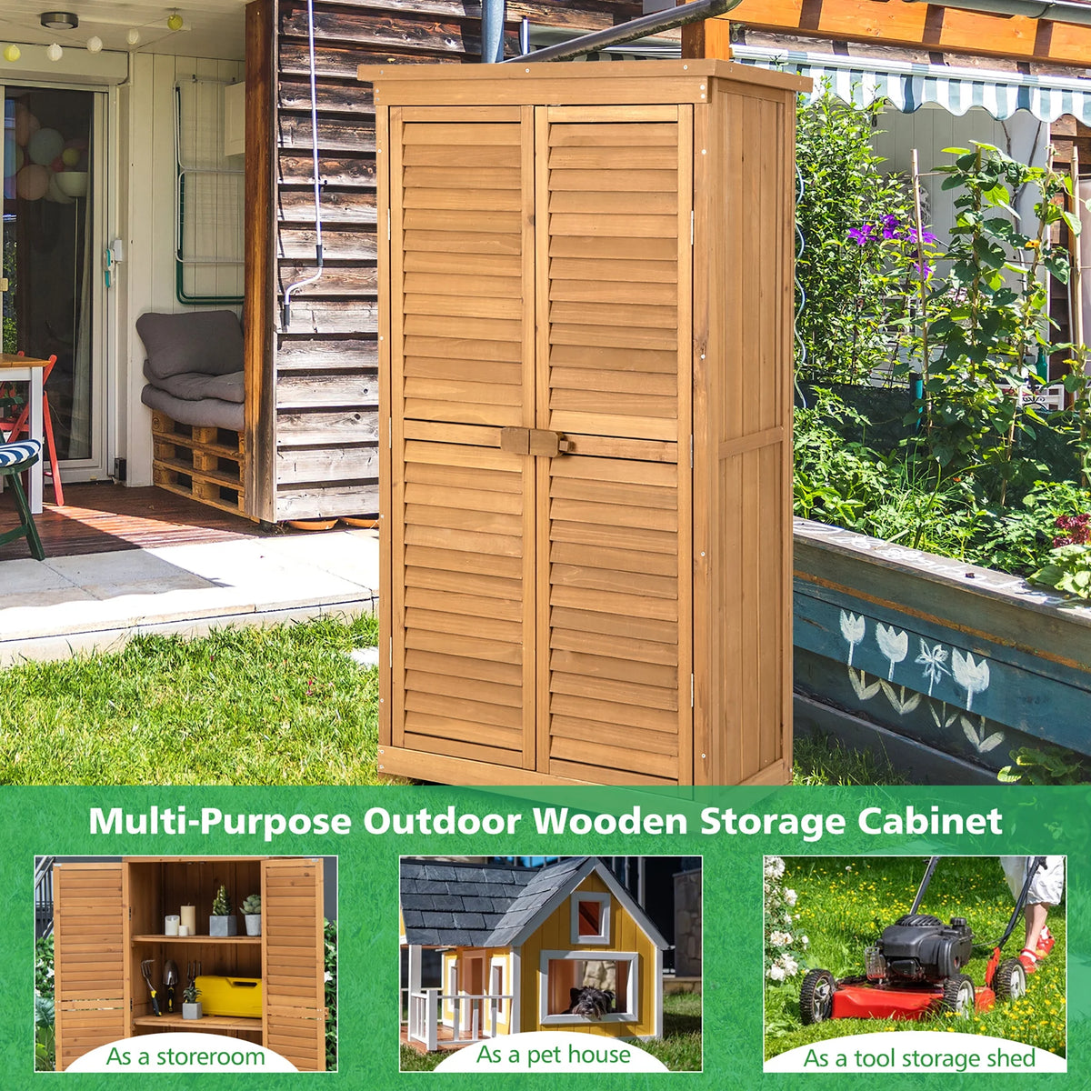 Costway Waterproof Fir Wood Storage Shed Garden, 34.5" x 16.5" x 63", Natural