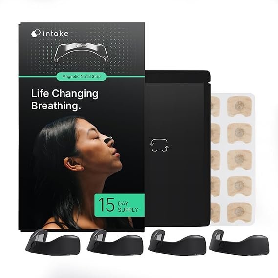 Intake Breathing — Magnetic Nasal Strips Starter Kit | Reusable Band + Tabs | Nasal Strips for Sleep, Snoring, Breathing & Sports | Stronger Lift Than Traditional Nose Strips | 4 Sizes, 15 Tabs, Black