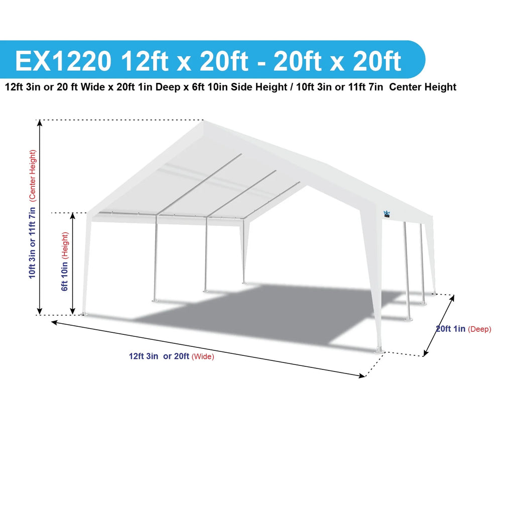 Abri extensible King Canopy 12 pi x 20 pi / 20 pi x 20 pi, structure en acier, 8 pieds, blanc