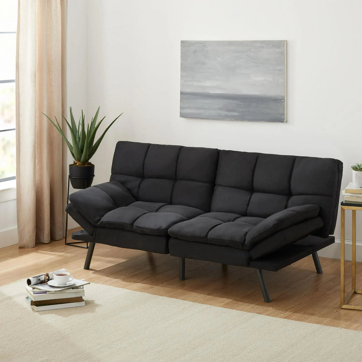 2025 Mainstays Memory Foam Futon, Black Faux Suede Fabric
