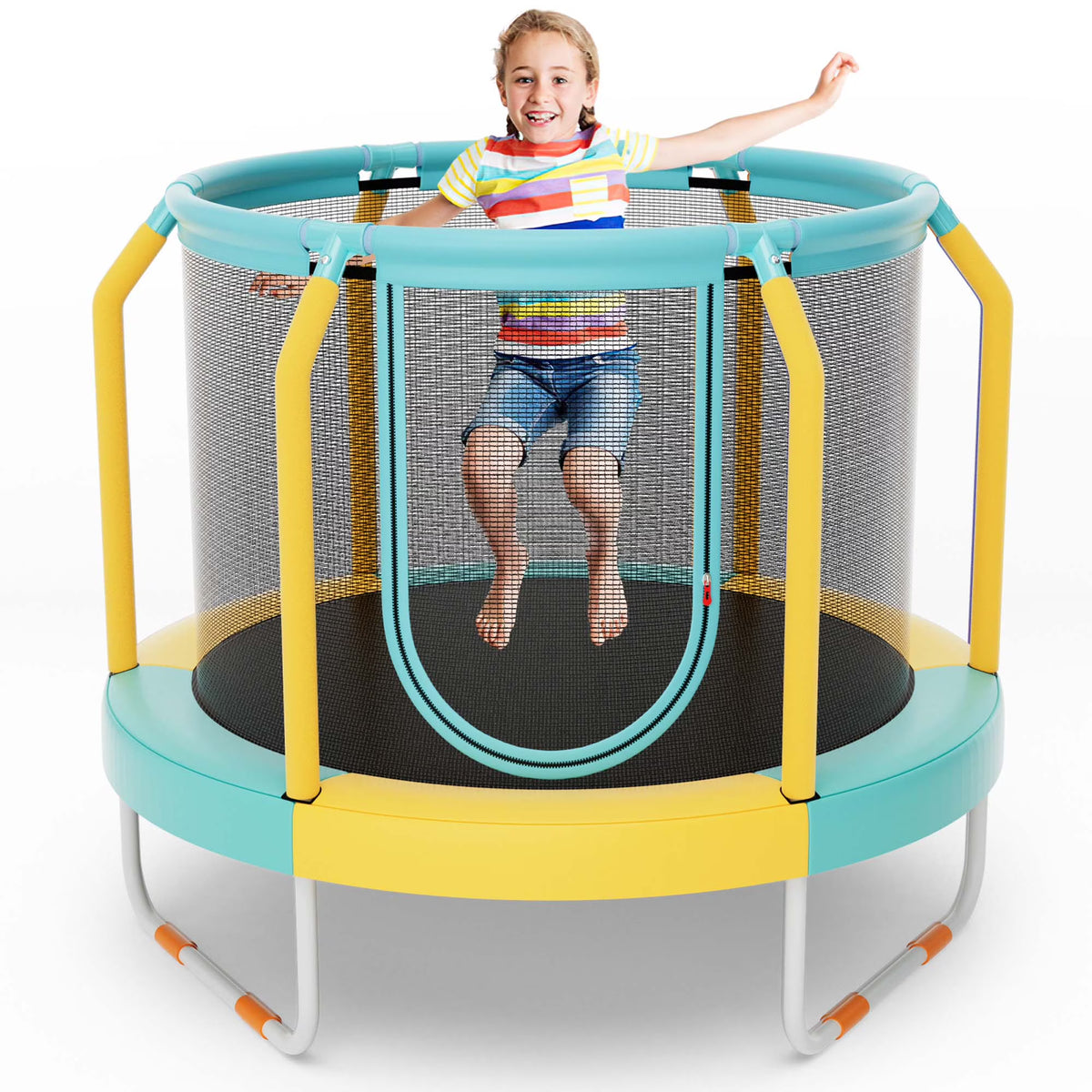 Costway Mini Trampoline with Enclosure for Kids, Blue/Yellow, 48.00" x 48.00" x 39.50"