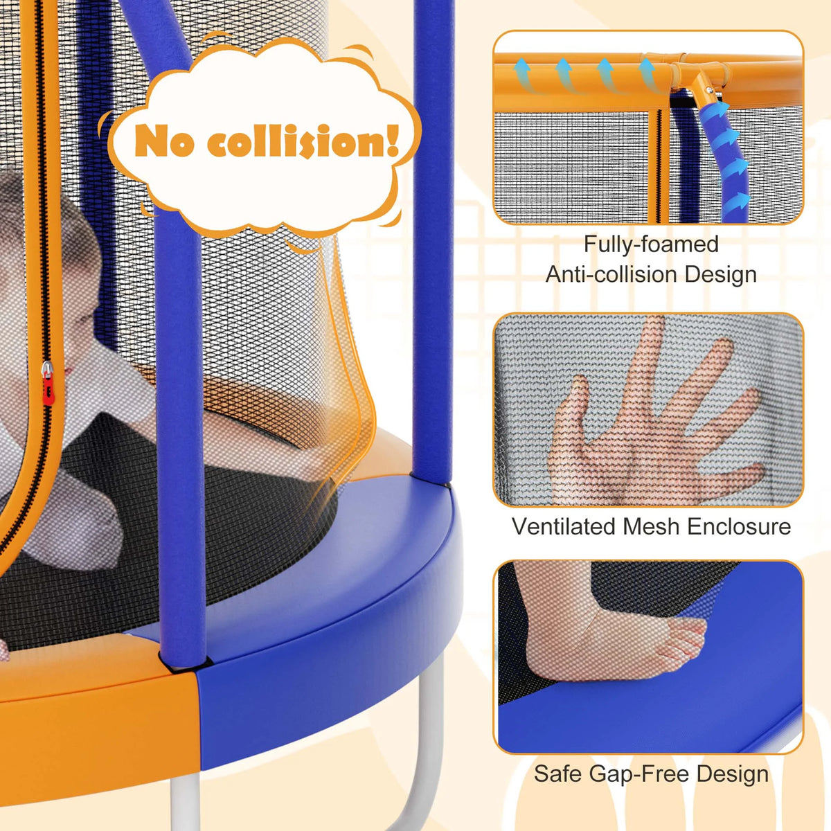 Costway Mini Trampoline with Enclosure for Kids, Blue/Yellow, 48.00" x 48.00" x 39.50"