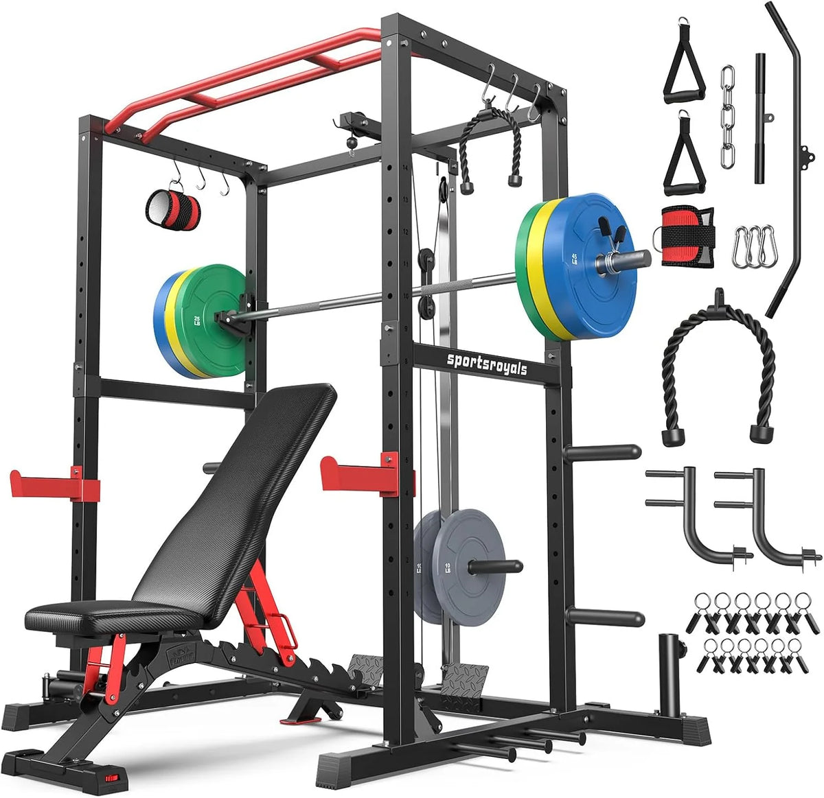 Sportsroyals Squat Rack, LAT Power Cage, Power Rack Multi-Function with Pulley System