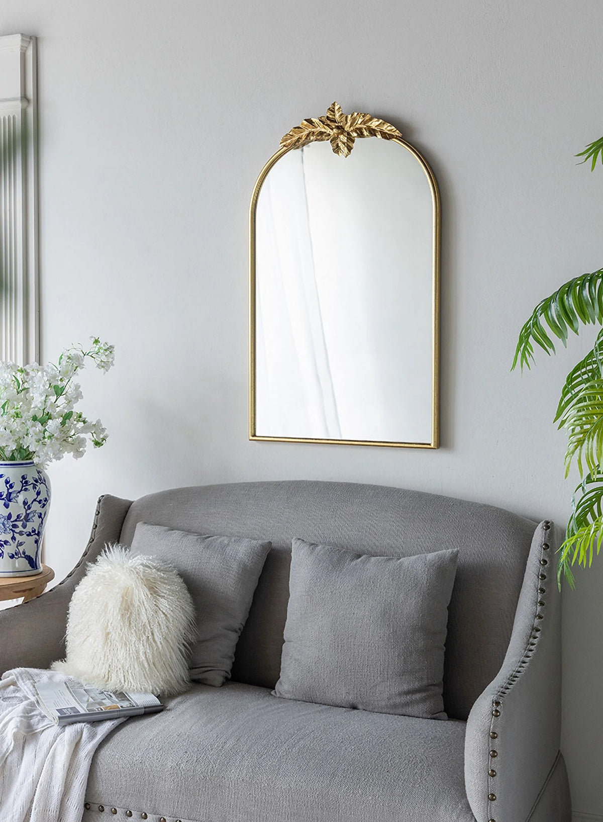 A&B Home Arched Gold Wall Mirror with Leaf Accent 39.6" x 2" x 35"