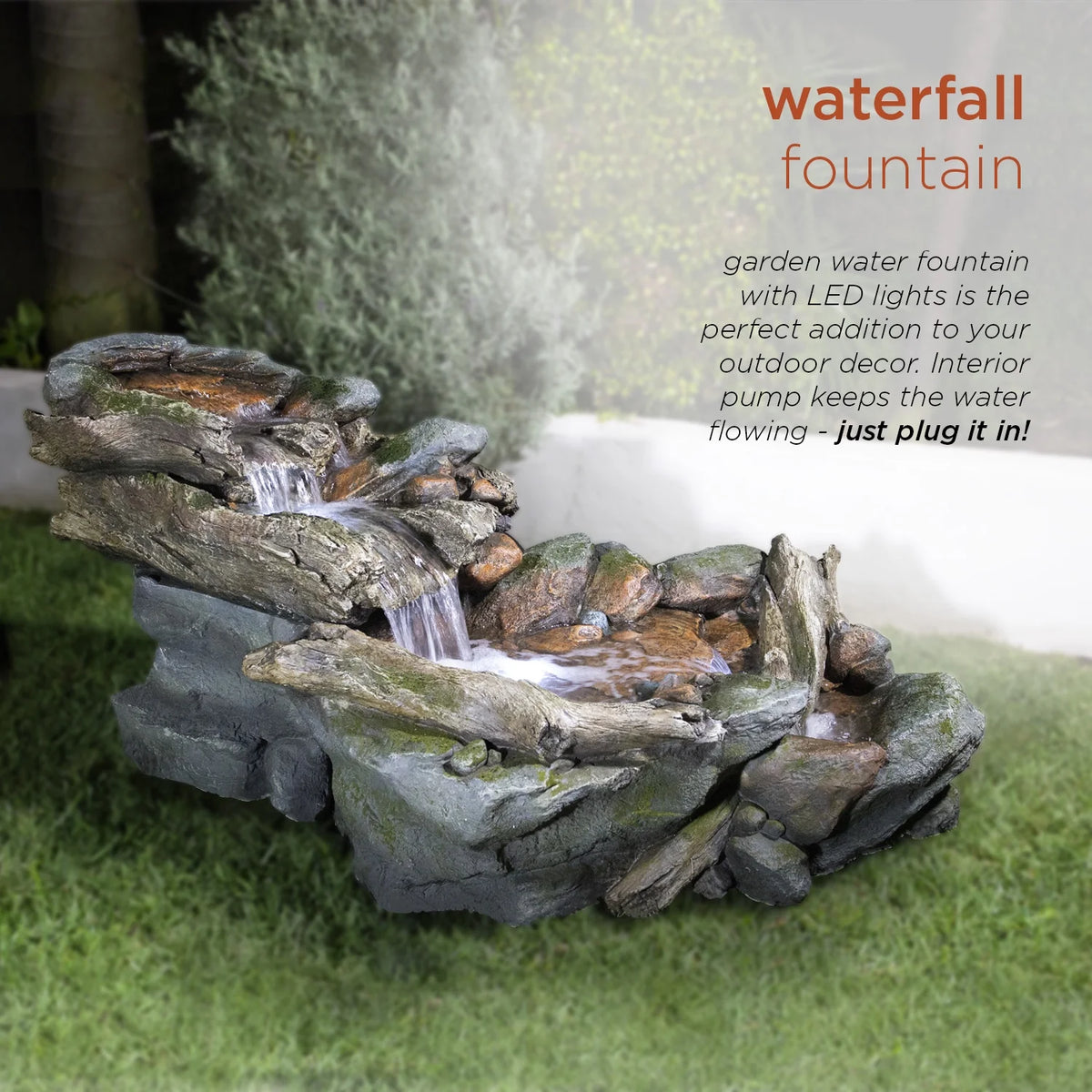 Fontaine de sol en polystone à cascade avec éclairage Alpine Corporation, 59 po x 16 po x 20 po, marron