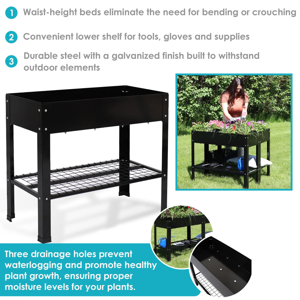 Jardinière surélevée en acier galvanisé noir Sunnydaze, 90,8 cm x 40,6 cm x 80,6 cm, ensemble de 2