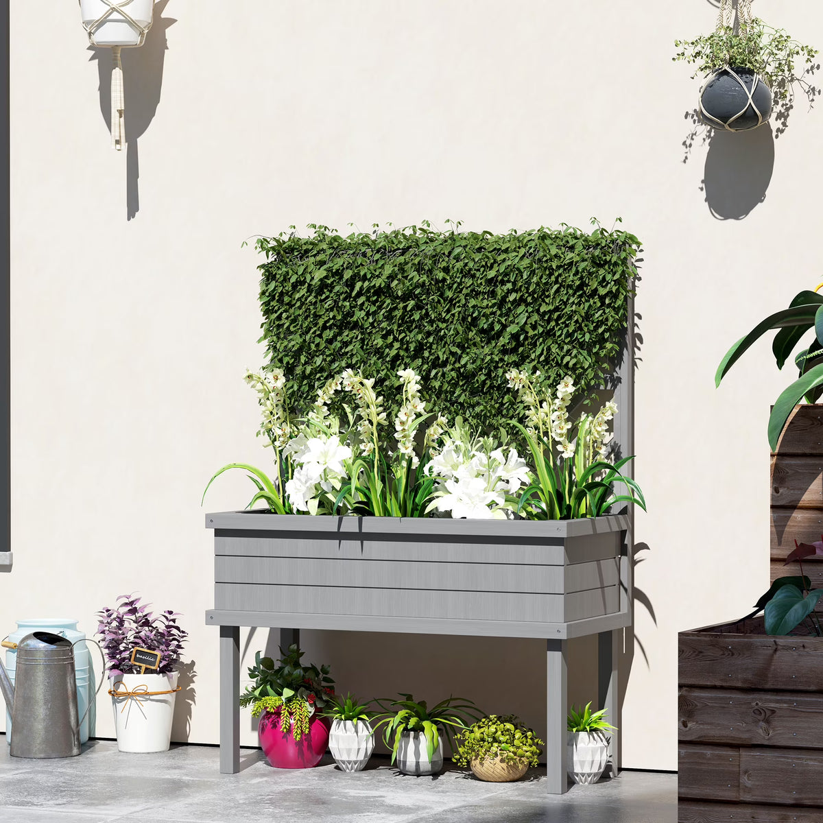 Jardinière surélevée GHooa avec treillis pour plantes grimpantes 104,8 cm L x 45,1 cm P x 139,7 cm H - Gris