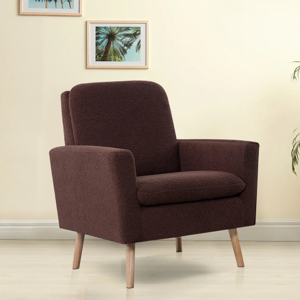 Naomi Home Frida Mid-Century Modern Accent Chair, Espresso Teddy Fleece Upholstered Armchair with Oak Legs, 28.74"D x 30.31"W x 35.04"H