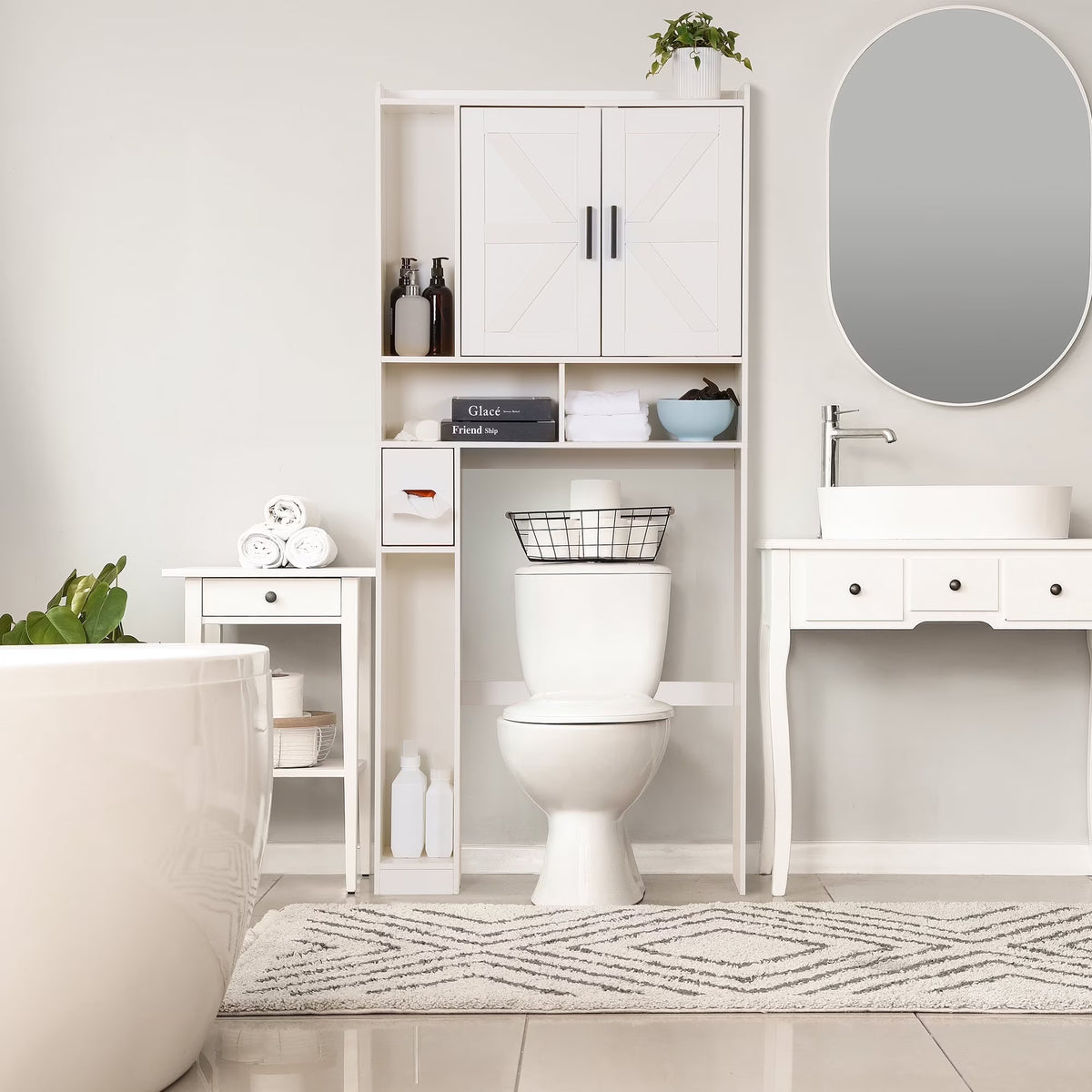 YISUFO Over the Toilet Storage Cabinet, Freestanding Bathroom Organizer with Adjustable Shelves, Waterproof, 65" H x 32" D x 7.7" W, White