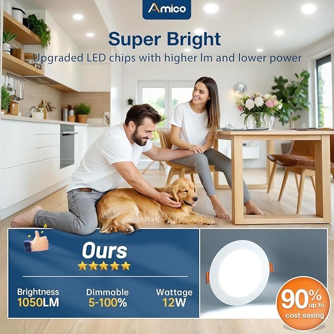 Amico 24 Pack 6 Inch 5CCT Ultra-Thin LED Recessed Ceiling Light with Junction Box, 1050LM Brightness, Dimmable Canless Wafer Downlight, 12W, ETL&FCC