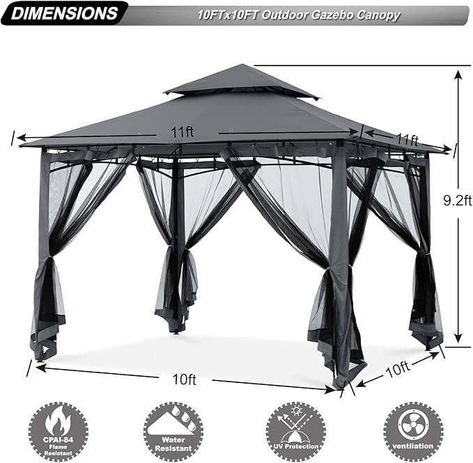 ABCCANOPY Gazebos for Patios 10×10 – Outdoor Steel Frame Gazebo with Mosquito Netting for Lawn Backyard Garden Deck (Dark Gray)