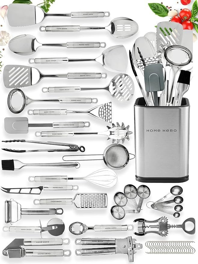 Home Hero 54-Piece Stainless Steel Kitchen Utensils Set – Heat-Resistant Nonstick Silicone & Stainless Steel Cooking Utensils – Complete Tools with Slotted Spoon & Pasta Spoon – Pack of 54, Silver
