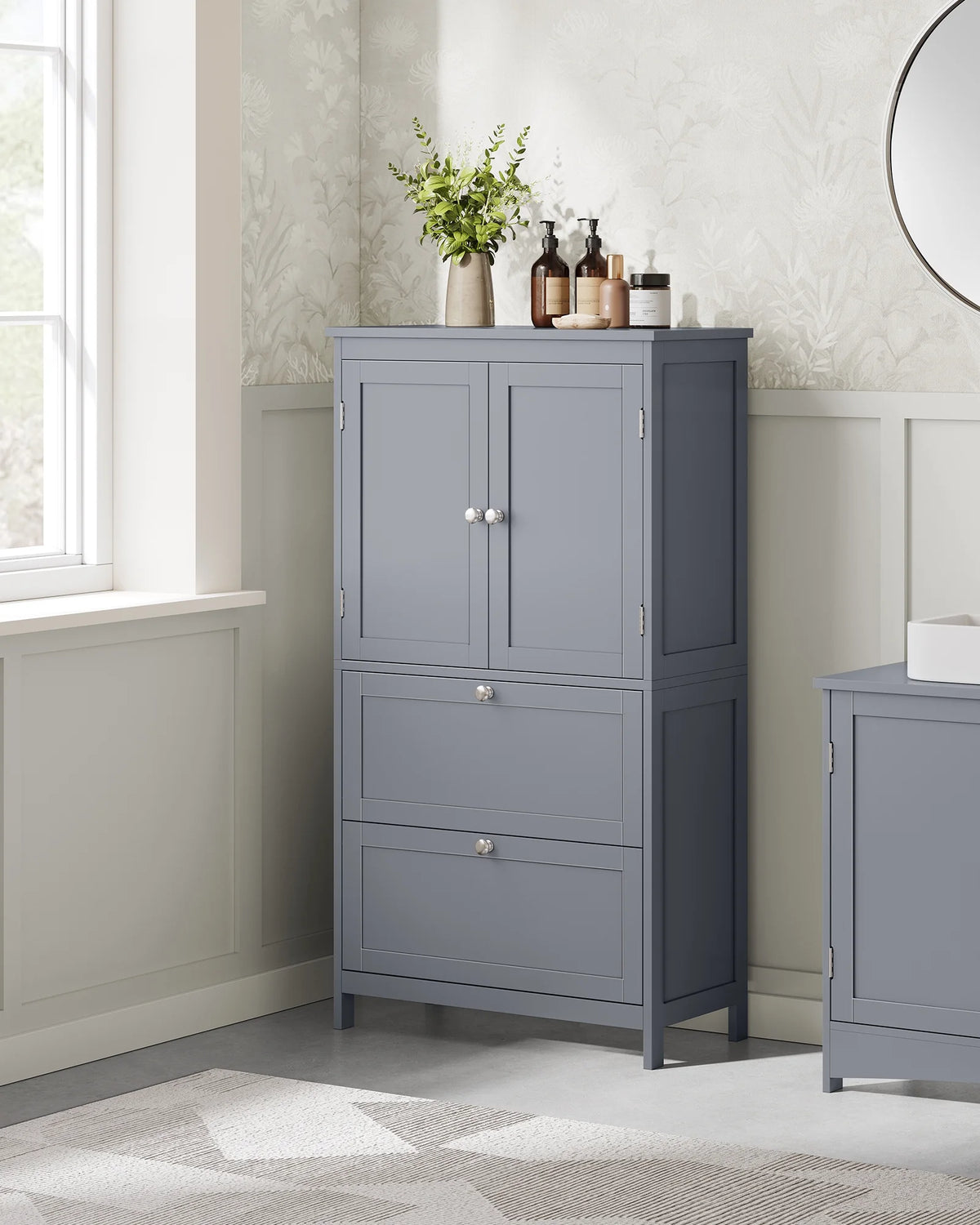 Meuble de rangement sur pied, unité de rangement, armoire indépendante avec 2 tiroirs et 2 portes, étagère réglable, 30 x 60 x 110 cm, blanc