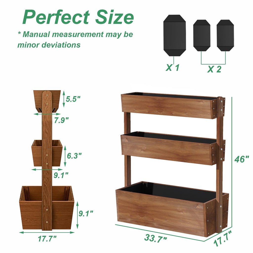 Jardinière surélevée Wilk 33,7 x 17,7 x 46, potager vertical en bois à 3 niveaux pour jardin, terrasse, balcon