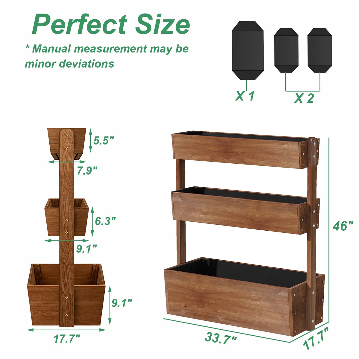 Jardinière surélevée Wilk 33,7 x 17,7 x 46, potager vertical en bois à 3 niveaux pour jardin, terrasse, balcon