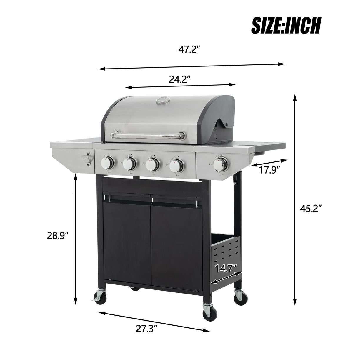 Witaxima 4-Burner Propane Gas Grill with Side Burner, 46,500 BTU Stainless Steel Outdoor BBQ Grill, Black and Silver, 47.2" x 17.9" x 45.28"