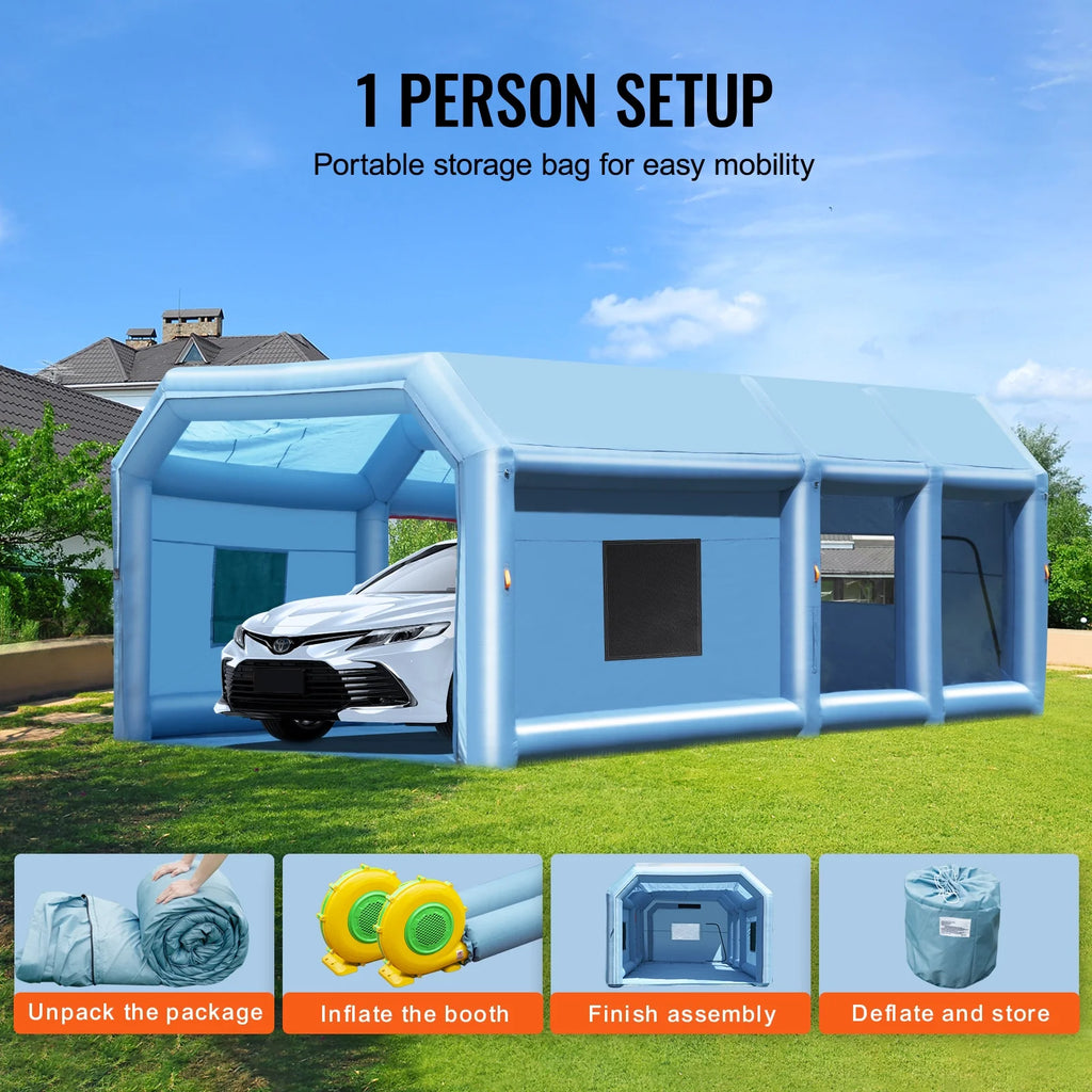 KFFKFF Inflatable Paint Booth, Dimensions 26.2 x 14.8 x 9.8 ft, Suitable for Small Trucks, Equipped with 950W+750W Robust Air Movers and Air Purification Mechanism