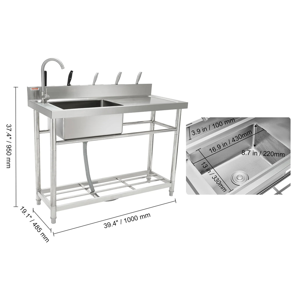Évier rectangulaire à cuve simple en acier inoxydable argenté Bentism, 39,4 x 19,1 x 37,4 pouces