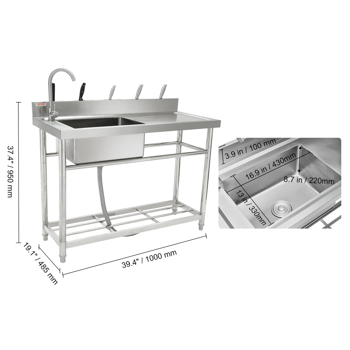 Évier rectangulaire à cuve simple en acier inoxydable argenté Bentism, 39,4 x 19,1 x 37,4 pouces